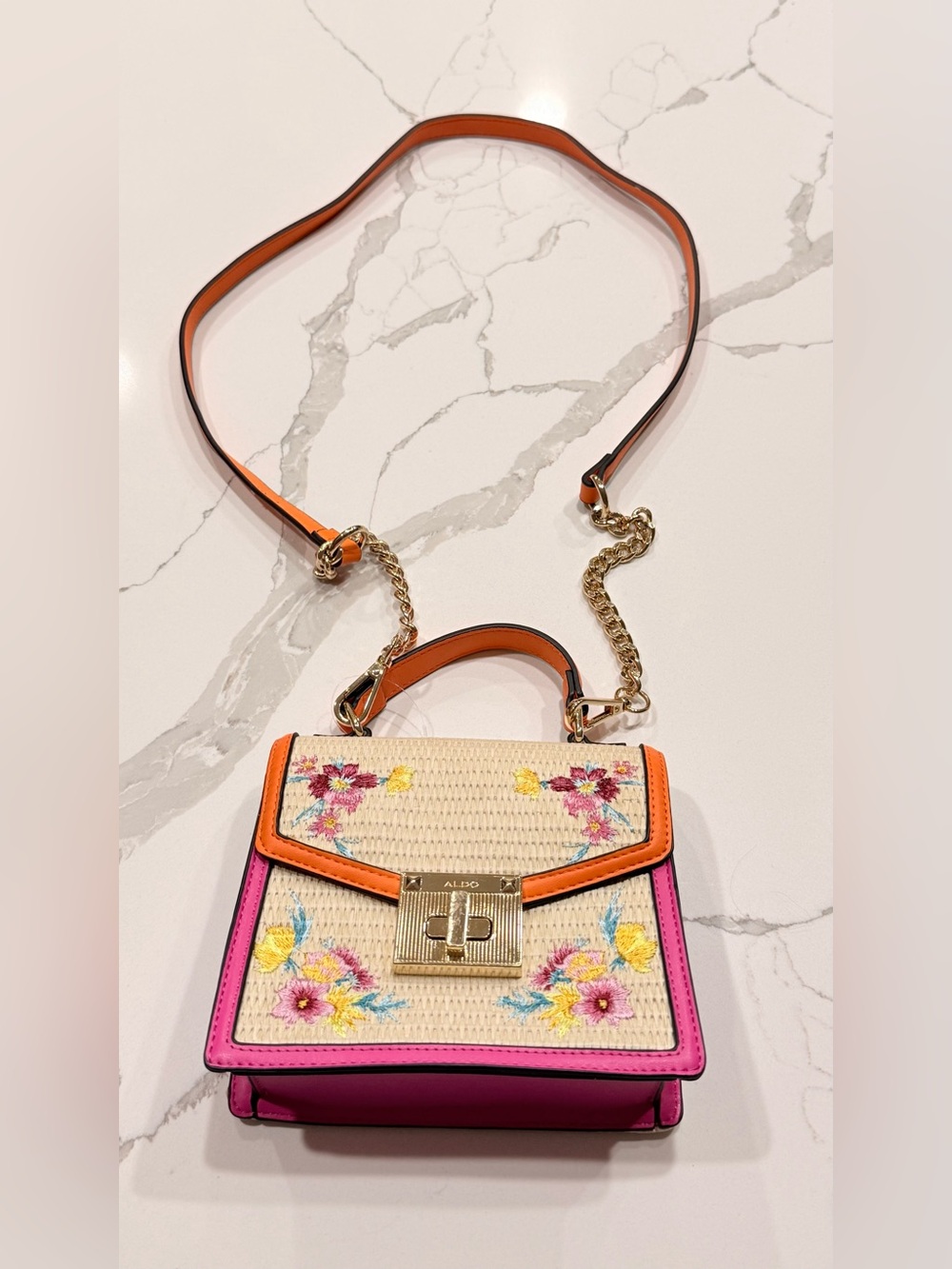 ALDO Floral Embroidered Straw Top Handle Crossbody Bag Pink Orange⁠ Strap - Picture 4 of 8